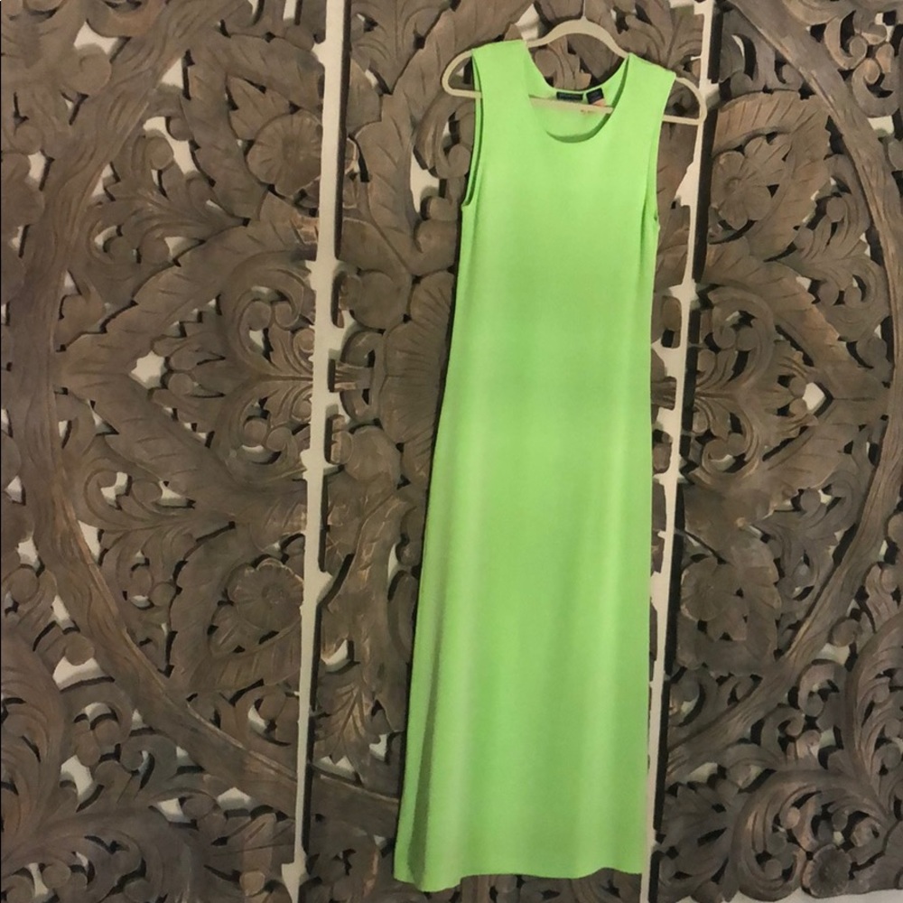Lime green long dress.  Simple statement.
